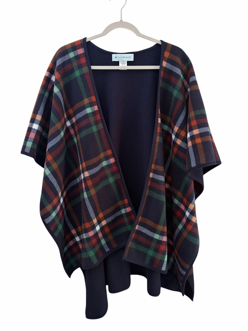 Tuckernuck Fireside Navy Plaid Fleece Open Poncho Shawl Cape One Size Autumn